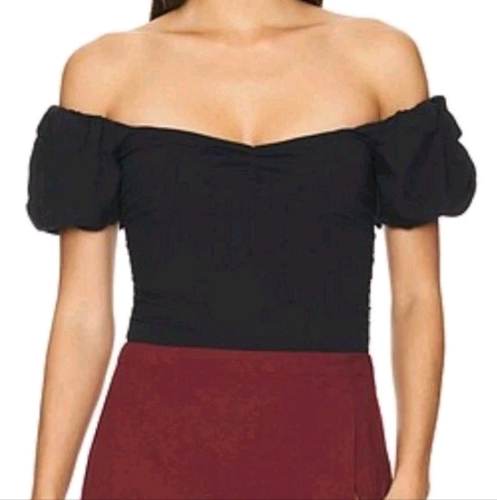Free People Black Off-Shoulder Puff Sleeve Bodysuit